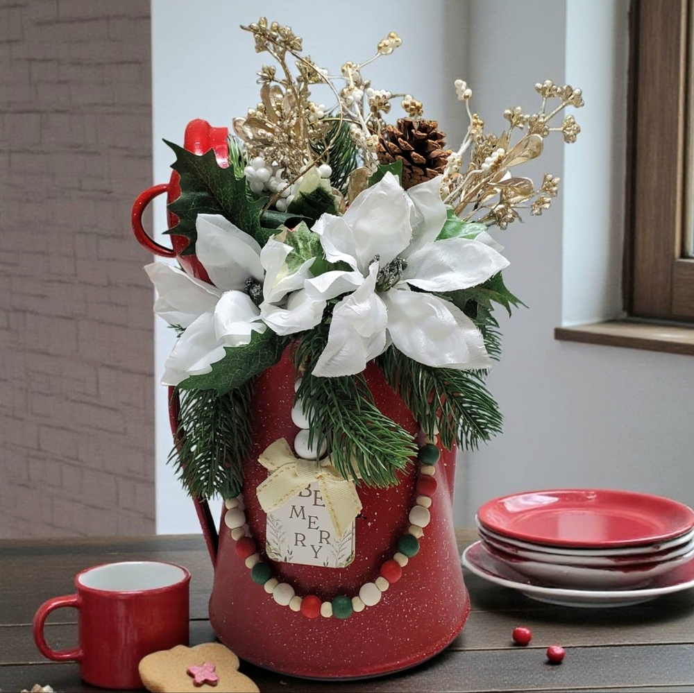 Festive Holiday Floral Arrangement In Red Metal Coffer Pot